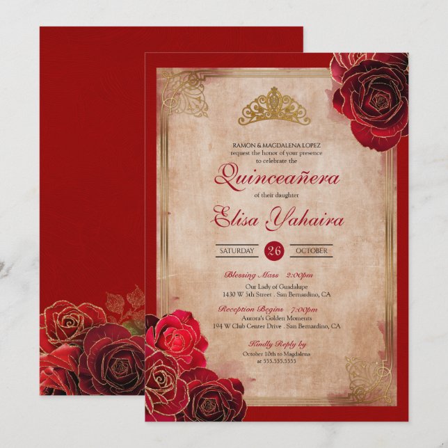 Invitación Vintage Ruby Red & Gold Rosas Royal Quinceanera (Anverso / Reverso)