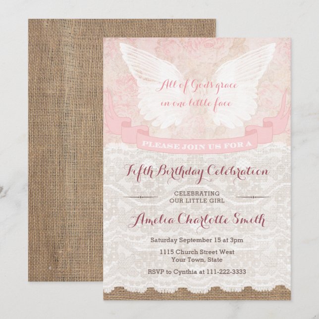 Invitación Vintage Rustic Angel Birday Party / Any Age (Anverso / Reverso)