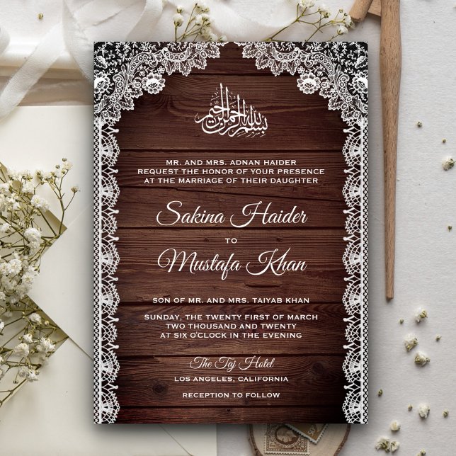 Invitación Vintage Rustic Barn Wood Lace Boda islámico (Subido por el creador)