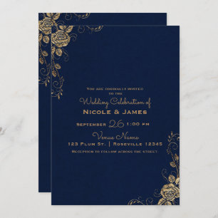 Invitación Vintage Rustic Glam Rosas Corners Blue Gold Boda