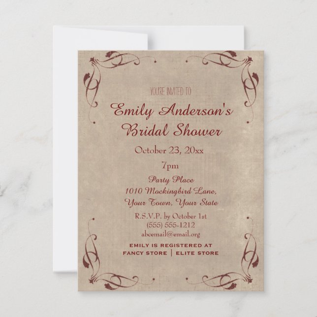 Invitación Vintage Rustic Marsala Wine Bridal Shower (Anverso)
