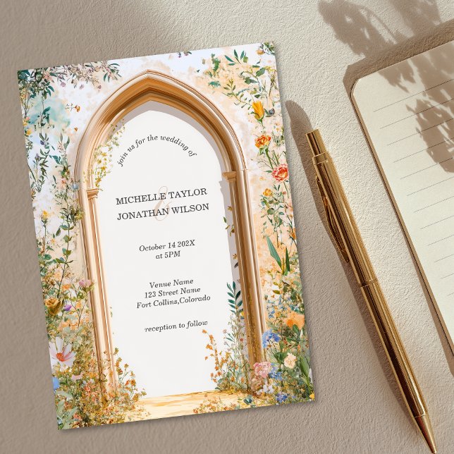 Invitación Vintage Rustic Pastel Meadow Wildflower Garden (romantic meadow flowers stone arch garden wedding invitation)