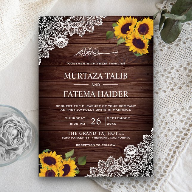 Invitación Vintage Rustic Wood Lace Sunflower Boda Islámico (Subido por el creador)