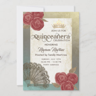 Invitación Vintage rústica moda rosas tiara Quince
