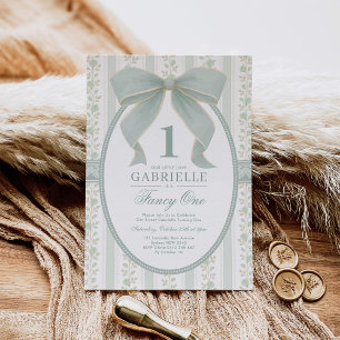 Invitación Vintage Sage Green Bow Fancy One 1er cumpleaños