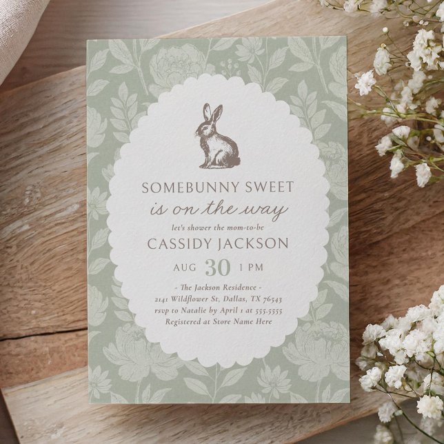 Invitación Vintage Sage Green Bunny Baby Shower (Subido por el creador)