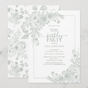 Invitación Vintage Sage Green Floral Line Art 50 cumpleaños