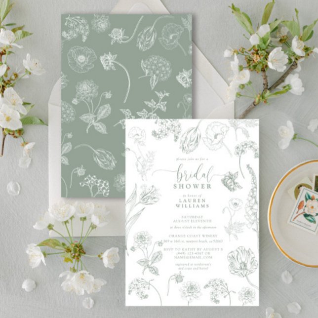 Invitación Vintage Sage Green Floral Script Shower (Bridal Shower Invitation!)