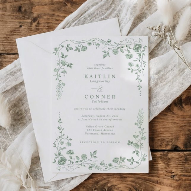 Invitación Vintage Sage Green French Floral Wedding (Sage green vintage French wedding invitation with elegant chinoiserie floral frame design)