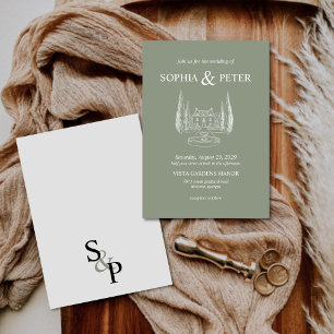 Invitación Vintage Sage Green Venue Ilustracion Boda