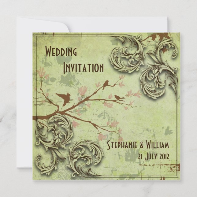 Invitación Vintage Sage Love Birds Wedting (Anverso)