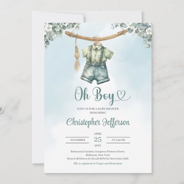 Invitación Vintage sage verde eucalipto ropa de bebé (Anverso)