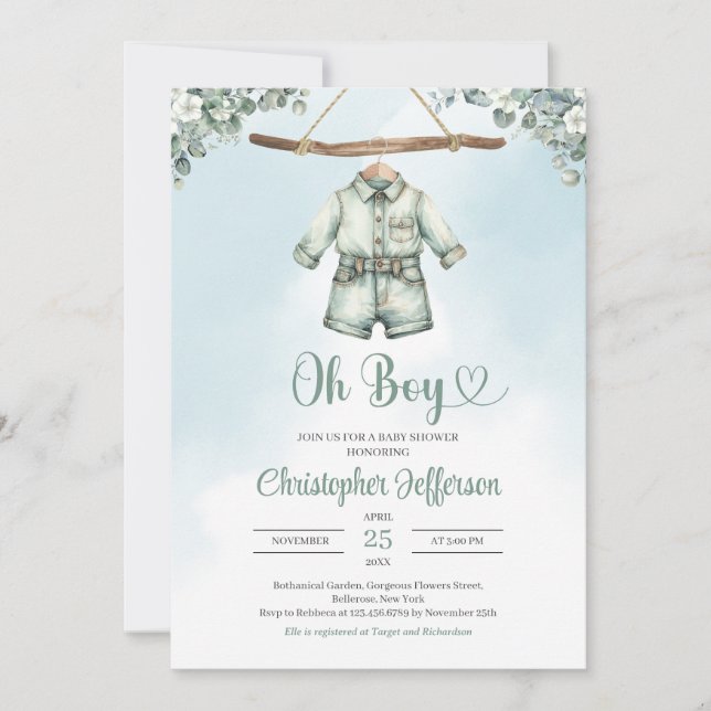 Invitación Vintage sage verde eucalipto ropa de bebé (Anverso)