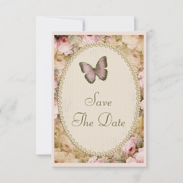 Invitación Vintage Save The Date Boda Rosas & Mariposa (Anverso)