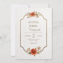 Invitación Vintage Scalloped Coral Wildflower Gilded Wedding