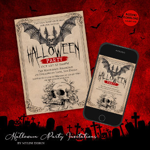 Invitación Vintage Scarry Bat and Skull Adults Halloween Part