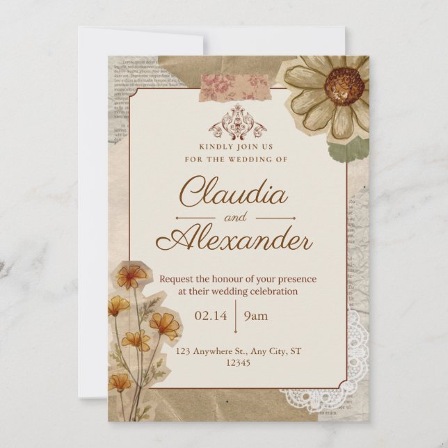 Invitación Vintage Scrapbook Botanical Wedding Invitation (Anverso)