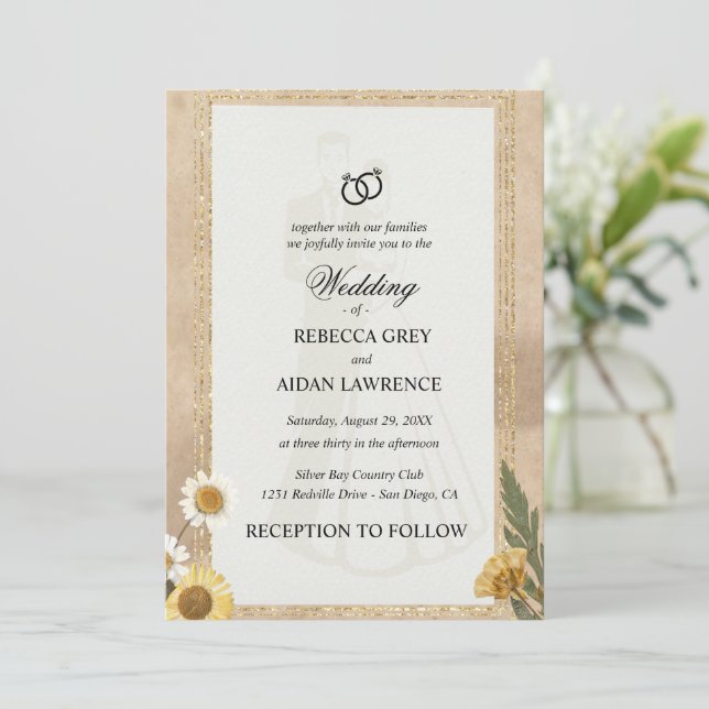 Invitación Vintage Scrapbook Wedding Invite Pressed Flowers (Anverso de pie)