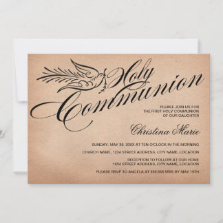 Invitación Vintage Script Dove and Cross First Holy Communici