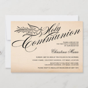 Invitación Vintage Script Dove and Cross First Holy Communici