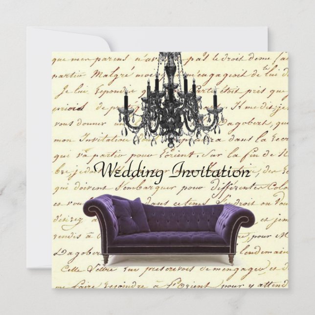 Invitación vintage scripts paris chandelier boda (Anverso)