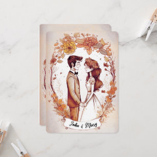 Invitación Vintage Sepia Bride y Ilustracion Groom