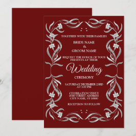 Invitación Vintage Silver Floral Pattern Red Elegant Wedding