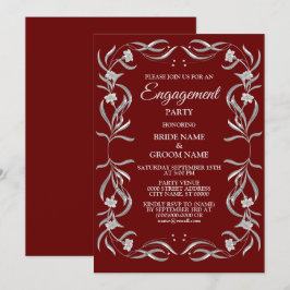 Invitación Vintage Silver Floral Pattern Red Engagement Party