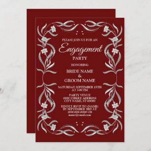 Invitación Vintage Silver Floral Pattern Red Engagement Party