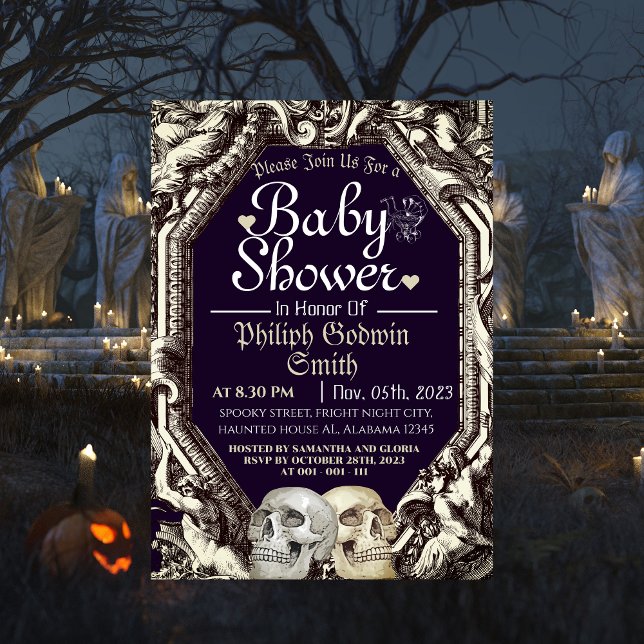 Invitación Vintage Simple Gothic Skull Halloween Baby Shower (Subido por el creador)