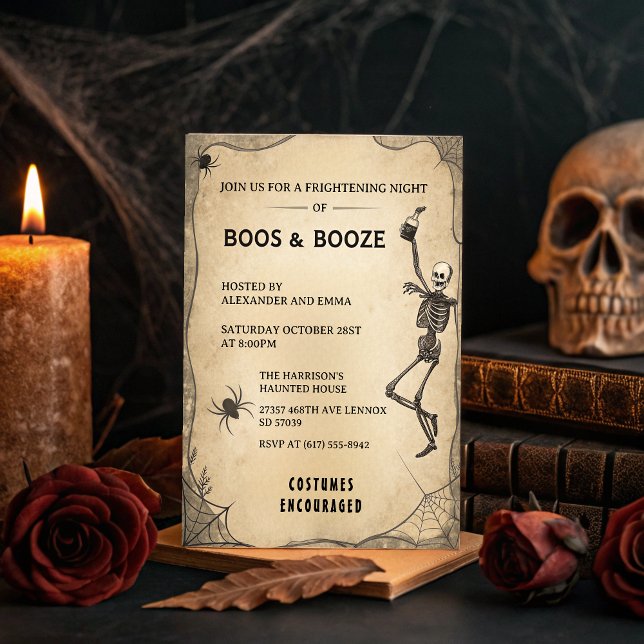 Invitación Vintage Skeleton & Booze Adultos Halloween Party (Subido por el creador)