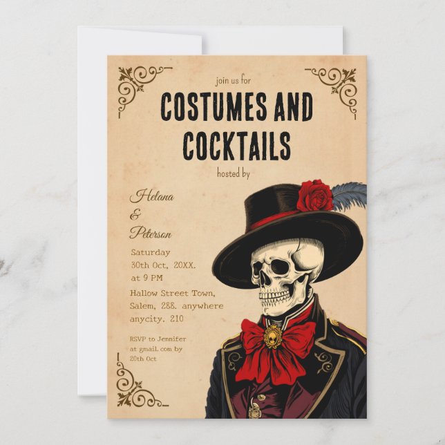 Invitación Vintage Skeleton Halloween Costumes y Cócteles (Anverso)