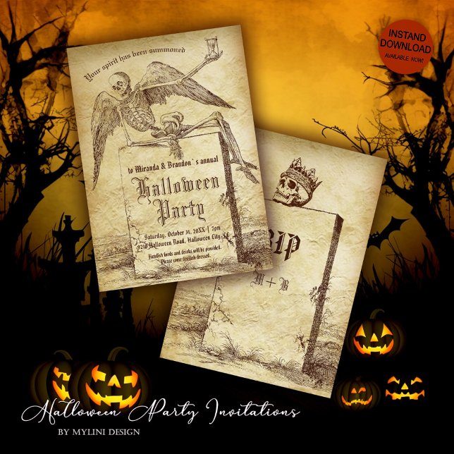Invitación Vintage Skeleton Tombstone Gothic Halloween Party (Subido por el creador)