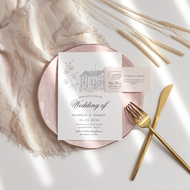 Invitación Vintage Sketched Floral Destination Wedding (Subido por el creador)