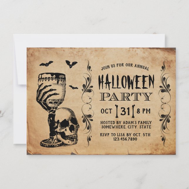 Invitación Vintage Skull Bats Halloween Party (Anverso)
