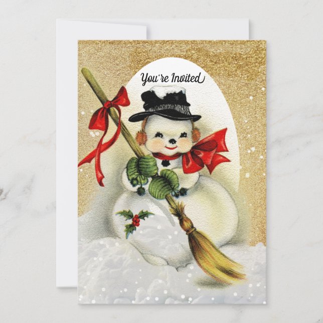 Invitación Vintage Snowman con Fiesta de Navidades Purpurinas (Anverso)