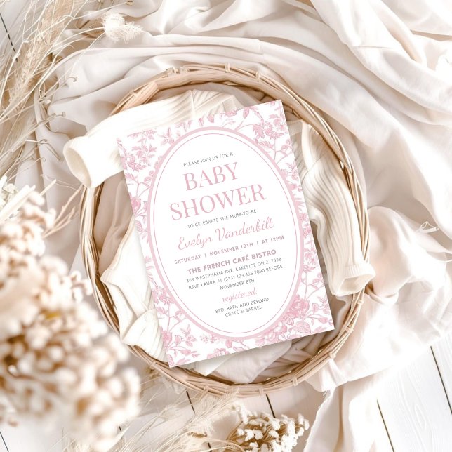 Invitación Vintage Soft Pink Toile Chinoiserie Baby Shower (Vintage Soft Pink Toile Chinoiserie Baby Shower Invitation)