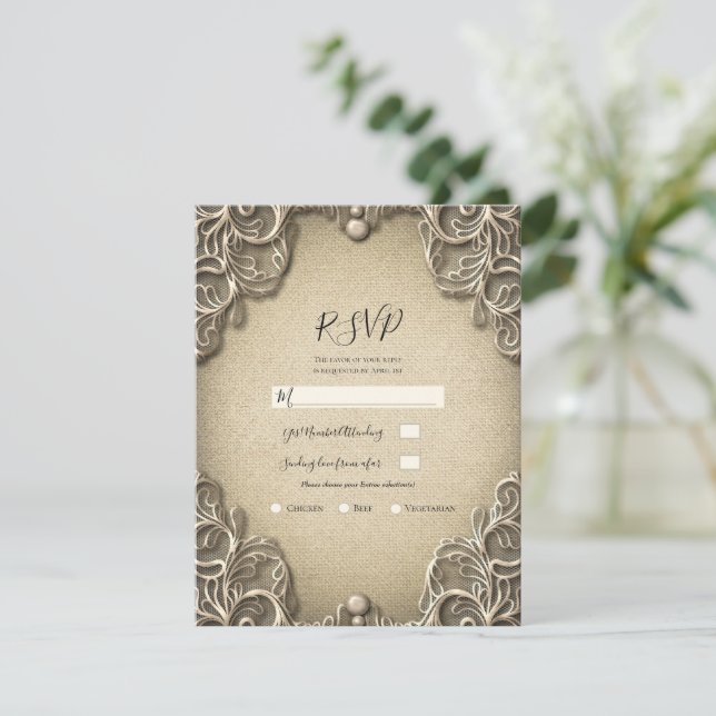 Invitación Vintage Southern Charm Burlap Lace Wedding RSVP (Anverso de pie)