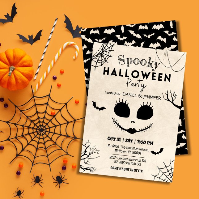Invitación Vintage spider webs bats skull face Halloween (Subido por el creador)