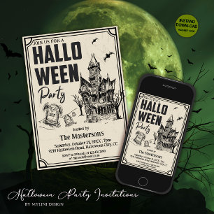 Invitación Vintage Spooky Graveyard Hounded House Halloween
