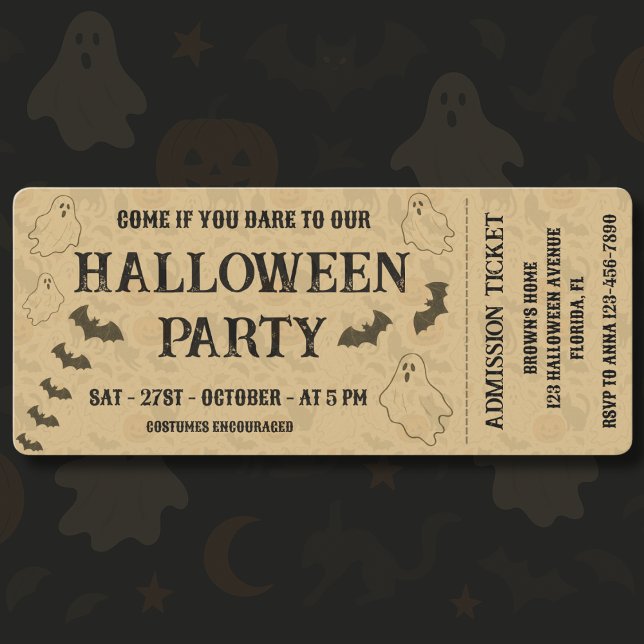 Invitación Vintage Spooky Halloween Party Ticket (Subido por el creador)