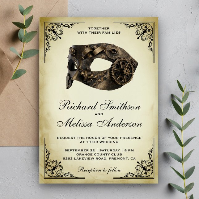 Invitación Vintage Steampunk Carnival Mask Masquerade Boda (Subido por el creador)
