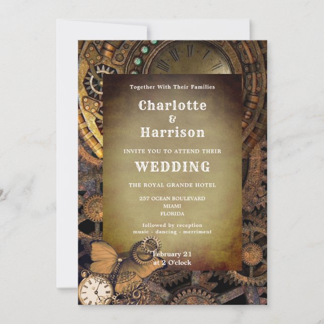 Invitación Vintage Steampunk Vintage MechanGears Butterfly (Anverso)