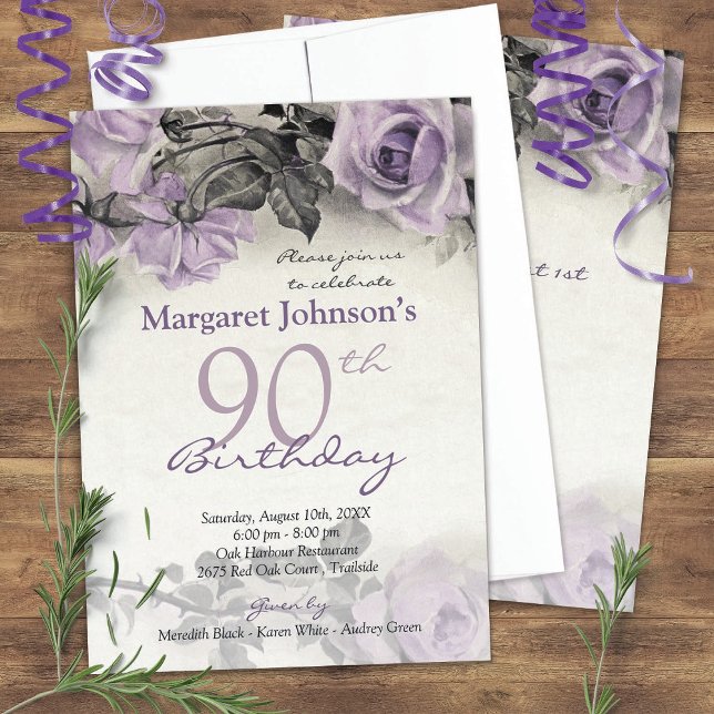 Invitación Vintage Sterling Silver Rosa púrpura 90 cumpleaños (Subido por el creador)