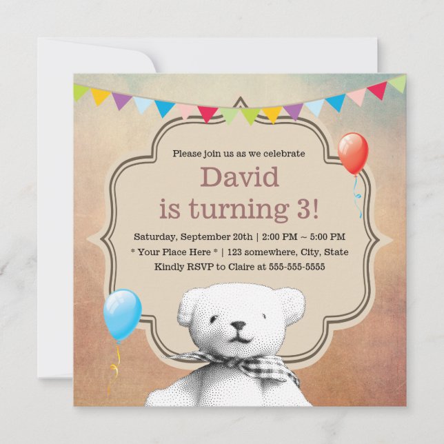 Invitación Vintage Stipple Teddy Bear Cumpleaños (Anverso)