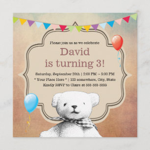 Invitación Vintage Stipple Teddy Bear Cumpleaños