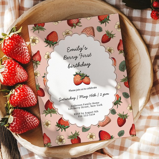Invitación Vintage Strawberry Berry First Birday (Subido por el creador)
