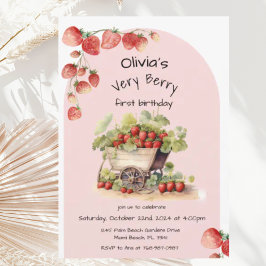 Invitación Vintage Strawberry Berry Primer Fiesta de cumpleañ