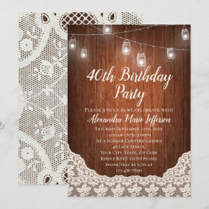 Invitación Vintage String Light Mason Jar 40th Birthday Fiest