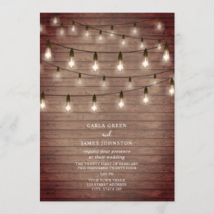 Invitación Vintage String Lightbulbs Wood Boda